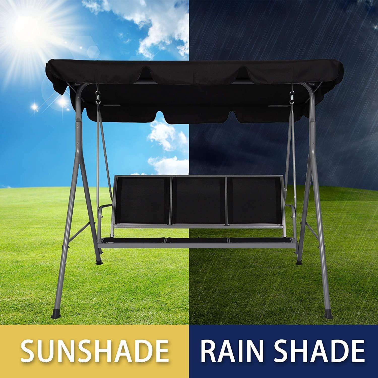 3 Person Patio Swing Chair Bench with Convertible Canopy--Weather Resistant Frame and Breathable Sea