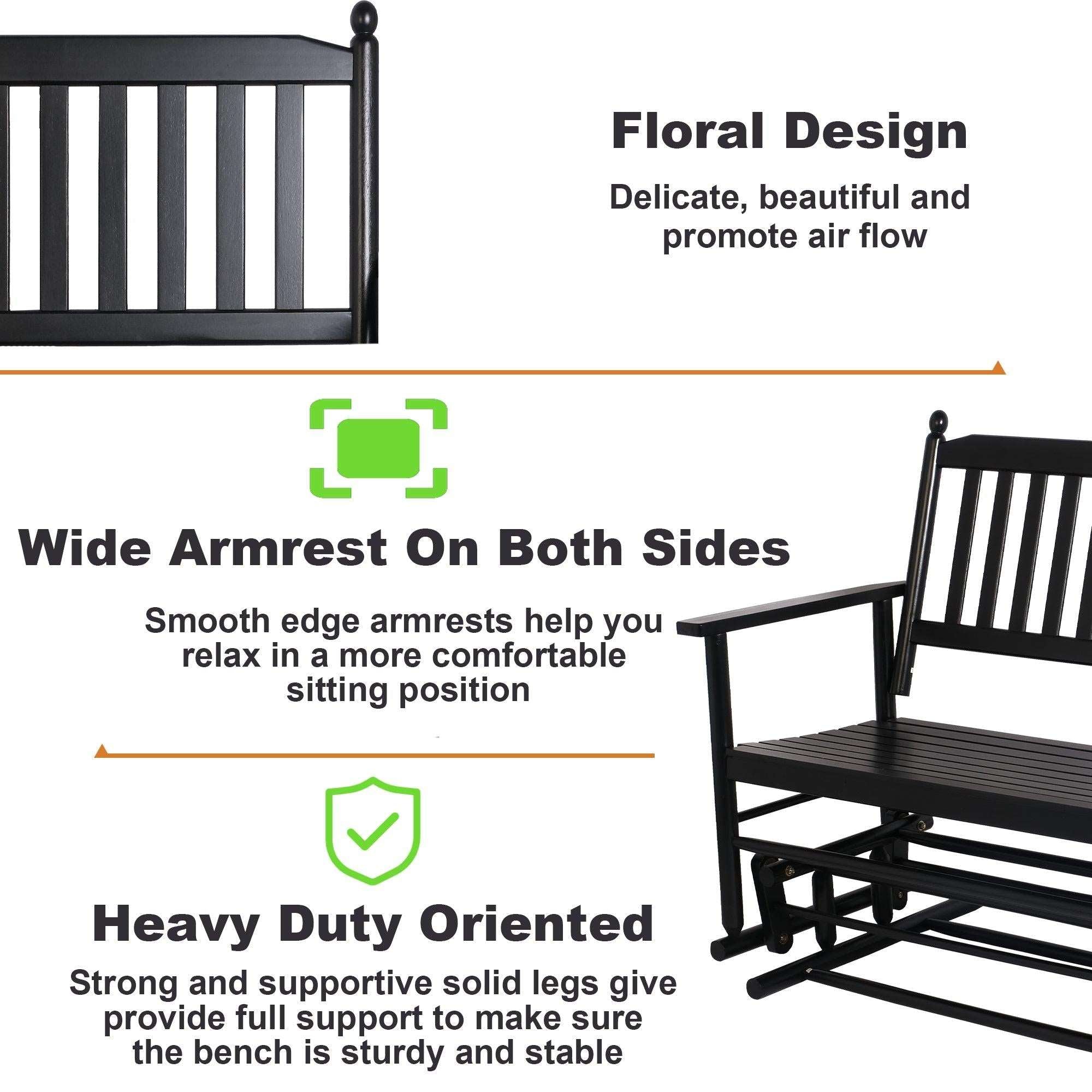 2 Person Patio Glider Bench Chair, Wooden Garden Rocking Seating Swing Loveseat Swing Rocker Lounge