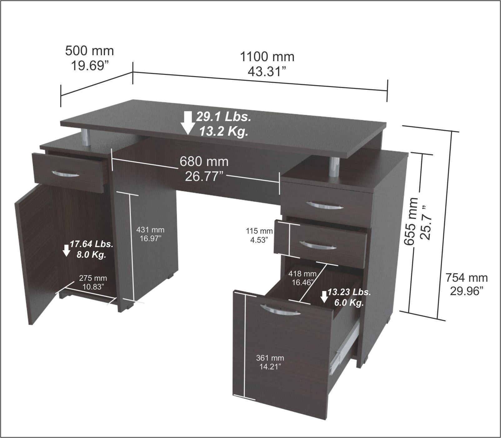 Espresso Finish Wood Computer Desk With Four Drawers