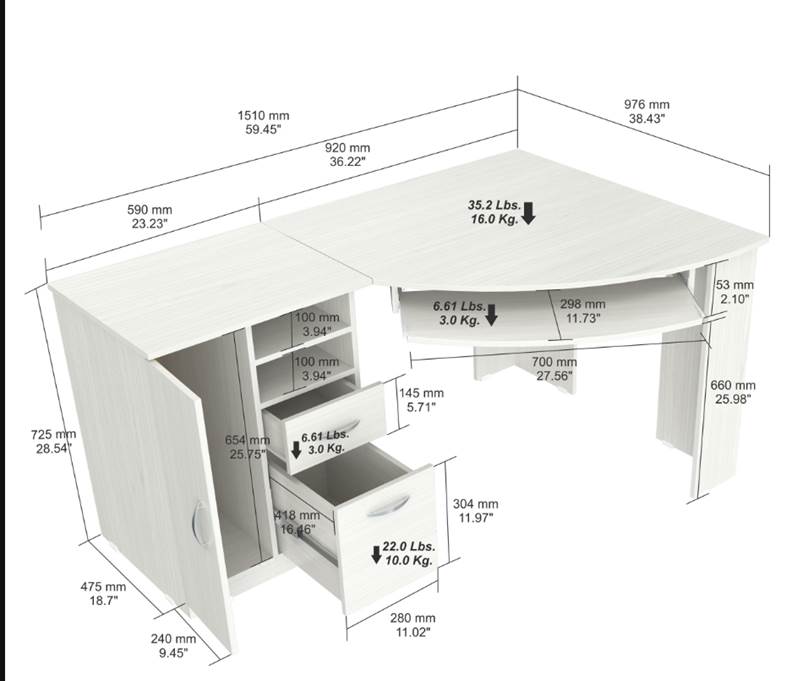 59" White Mirrored Computer Desk With Two Drawers