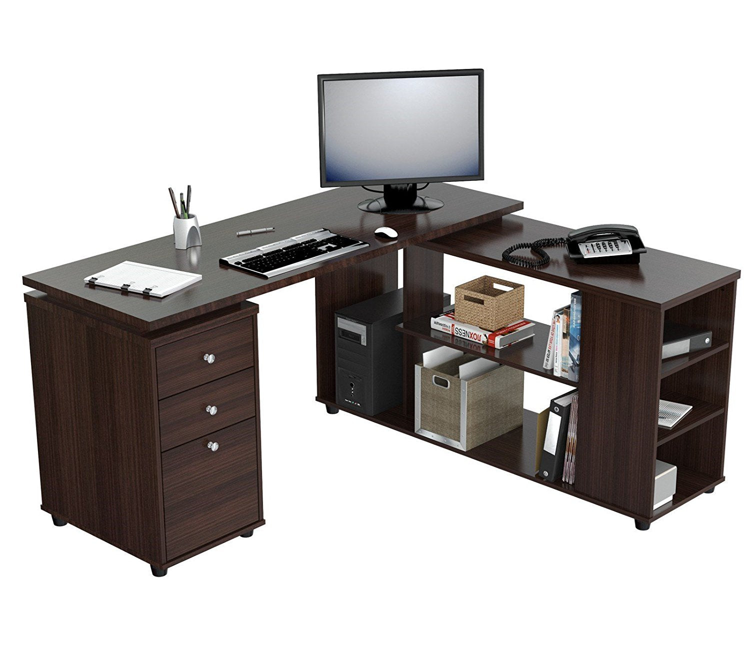 60" Espresso Mirrored L Shape Computer Desk With Three Drawers