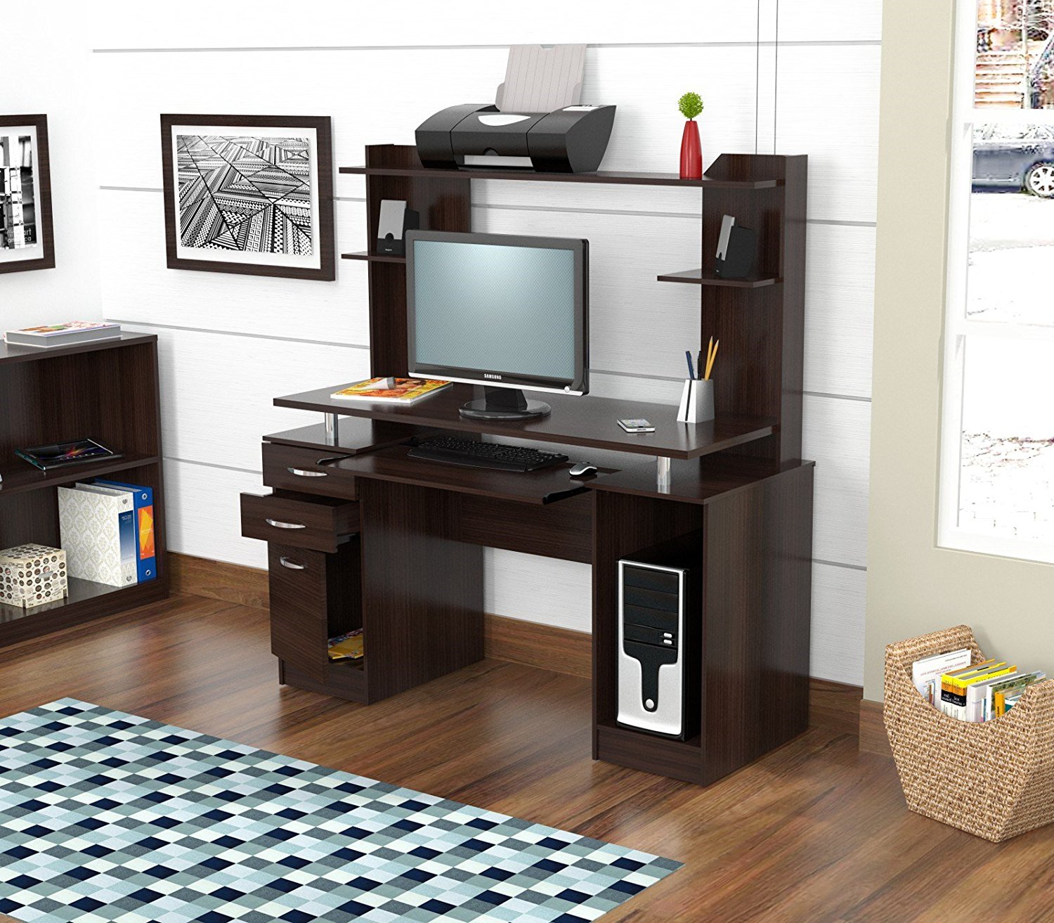 Espresso Finish Wood Computer Desk With Hutch