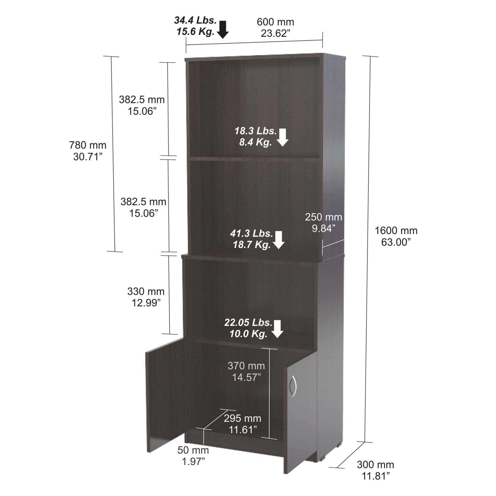 Espresso Finish Wood Three Self And Cabinet Bookcase