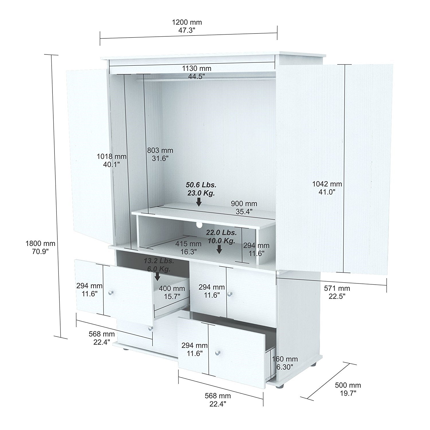 47" White Melamine Mirrored Four Drawer Combo Dresser