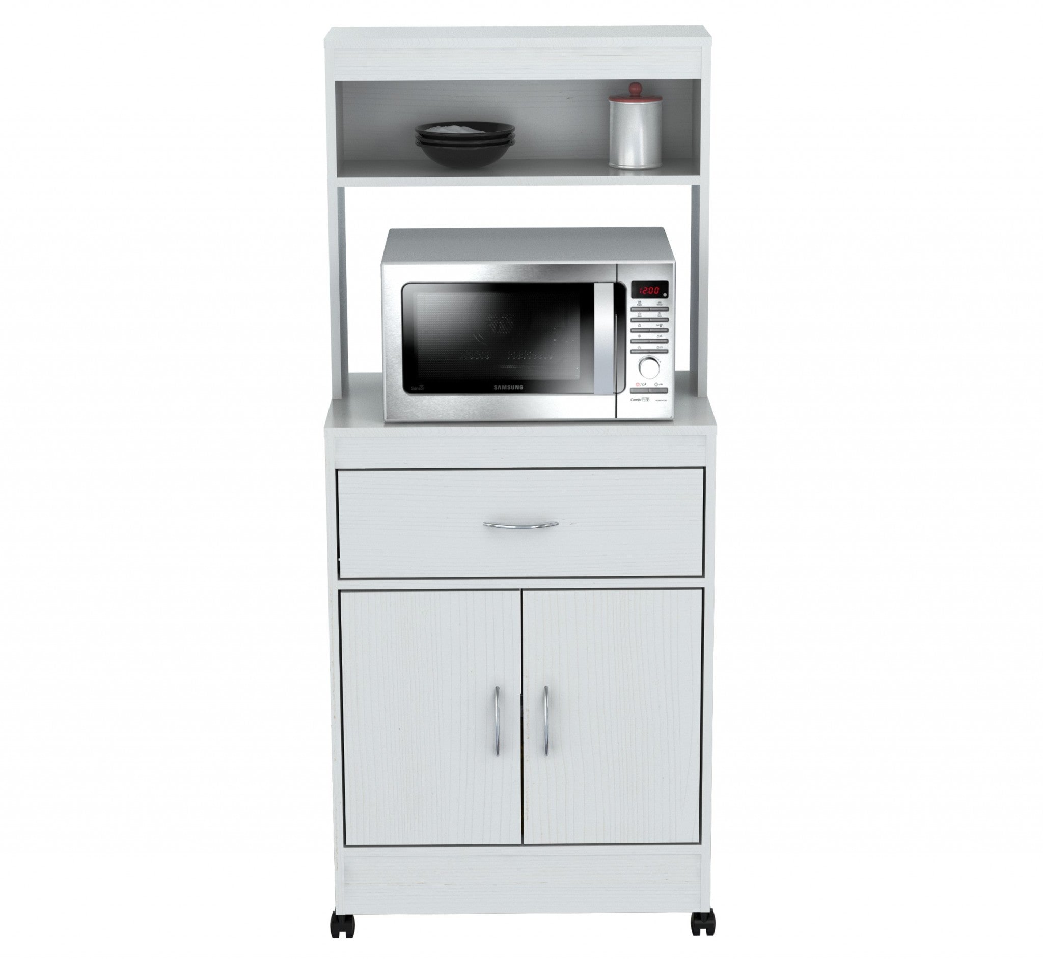 White Finish Wood Microwave Cabinet With Two Doors And Drawer