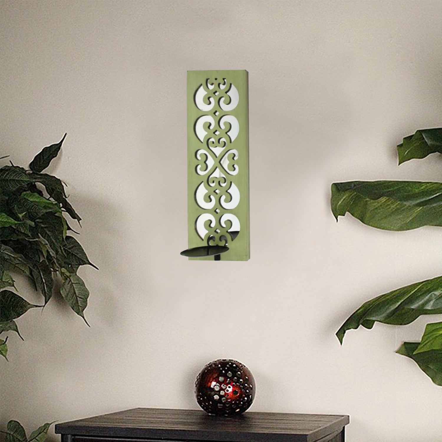 17" X 5" X 6" Green, Wood, Mirror - Candle Holder Sconce