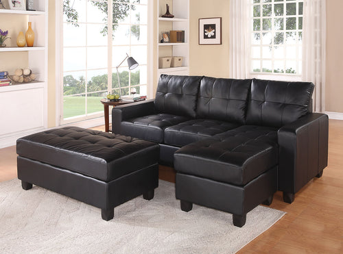 Black Faux Leather Stationary L Shaped Three Piece Sofa And Chaise