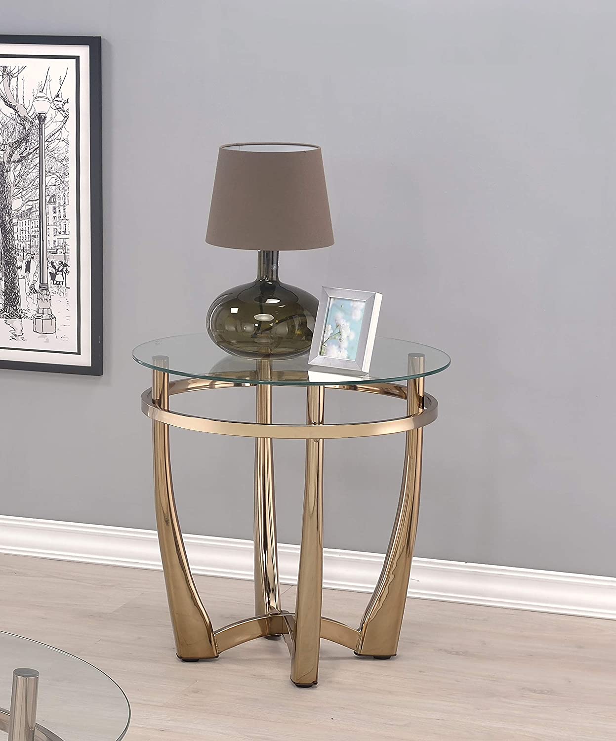 25" Champagne Gold  And Clear Glass Round Mirrored End Table