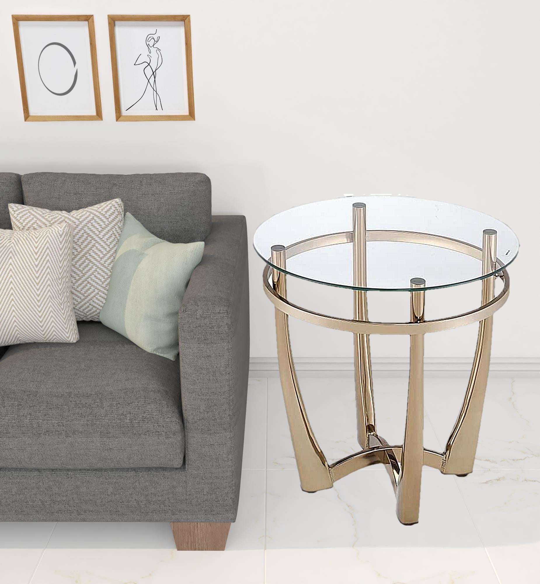 25" Champagne Gold  And Clear Glass Round Mirrored End Table