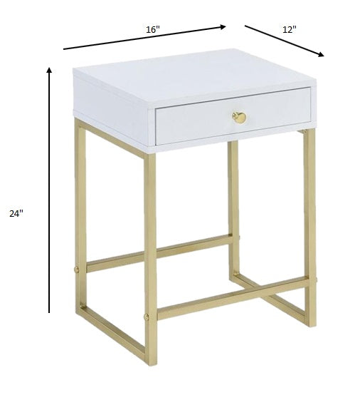 24" Gold And White Solid Wood End Table With Drawer