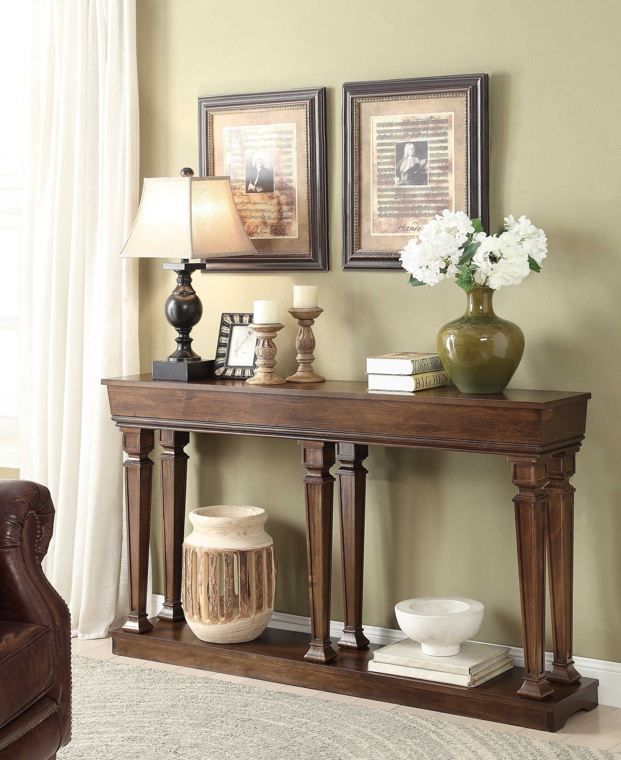 60" Wood Brown Solid Wood Floor Shelf Console Table With Storage