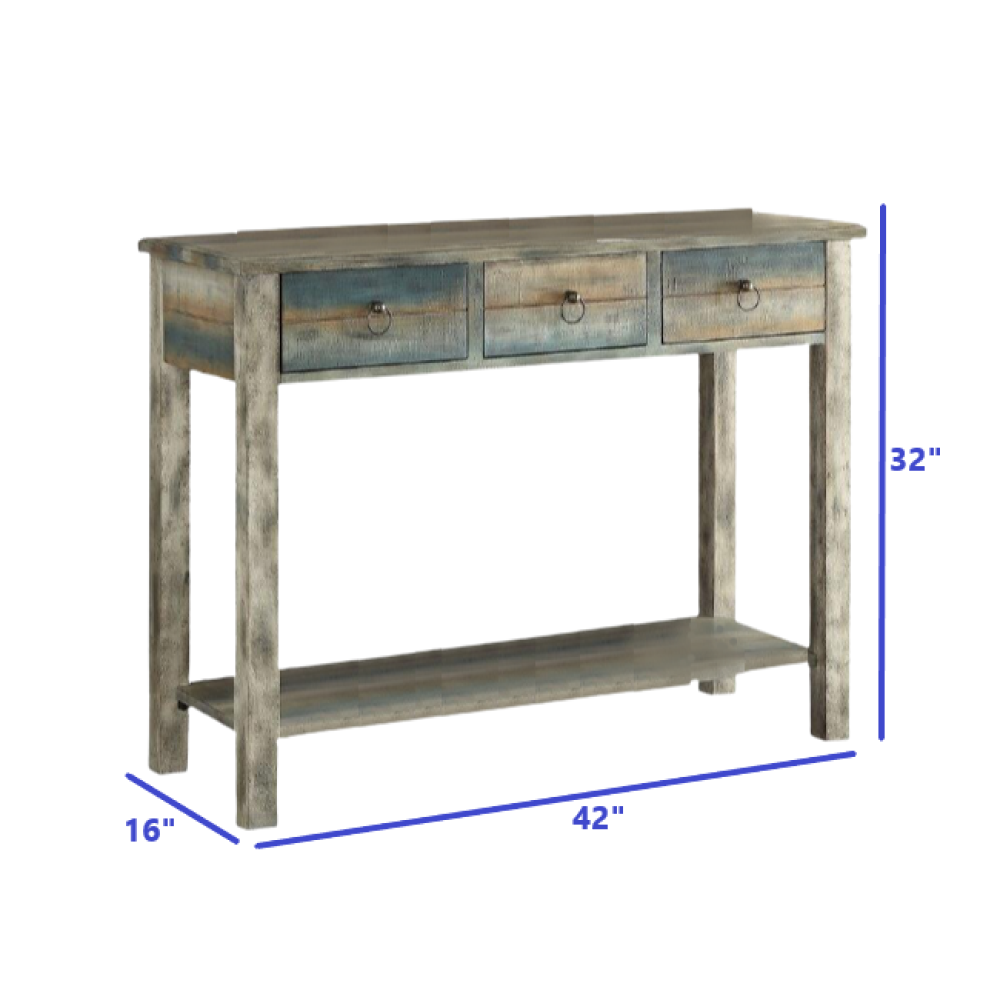 42" X 16" X 32" Antique White And Teal Wooden Console Table