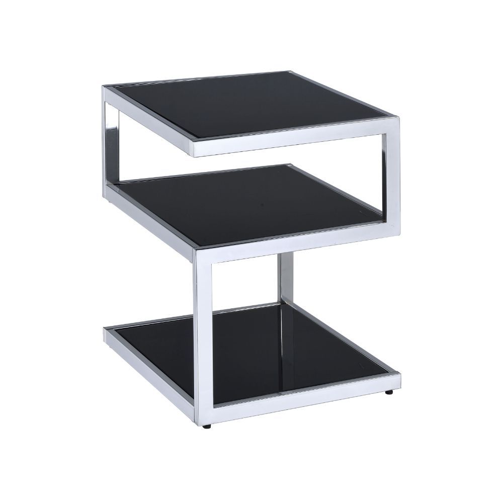 Black Glass And Chrome 3 Tier Shelves End Table