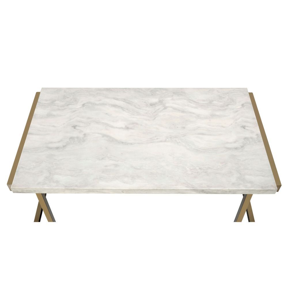 44" X 17.75" X 29.5" Faux Marble And Champagne Sofa Table