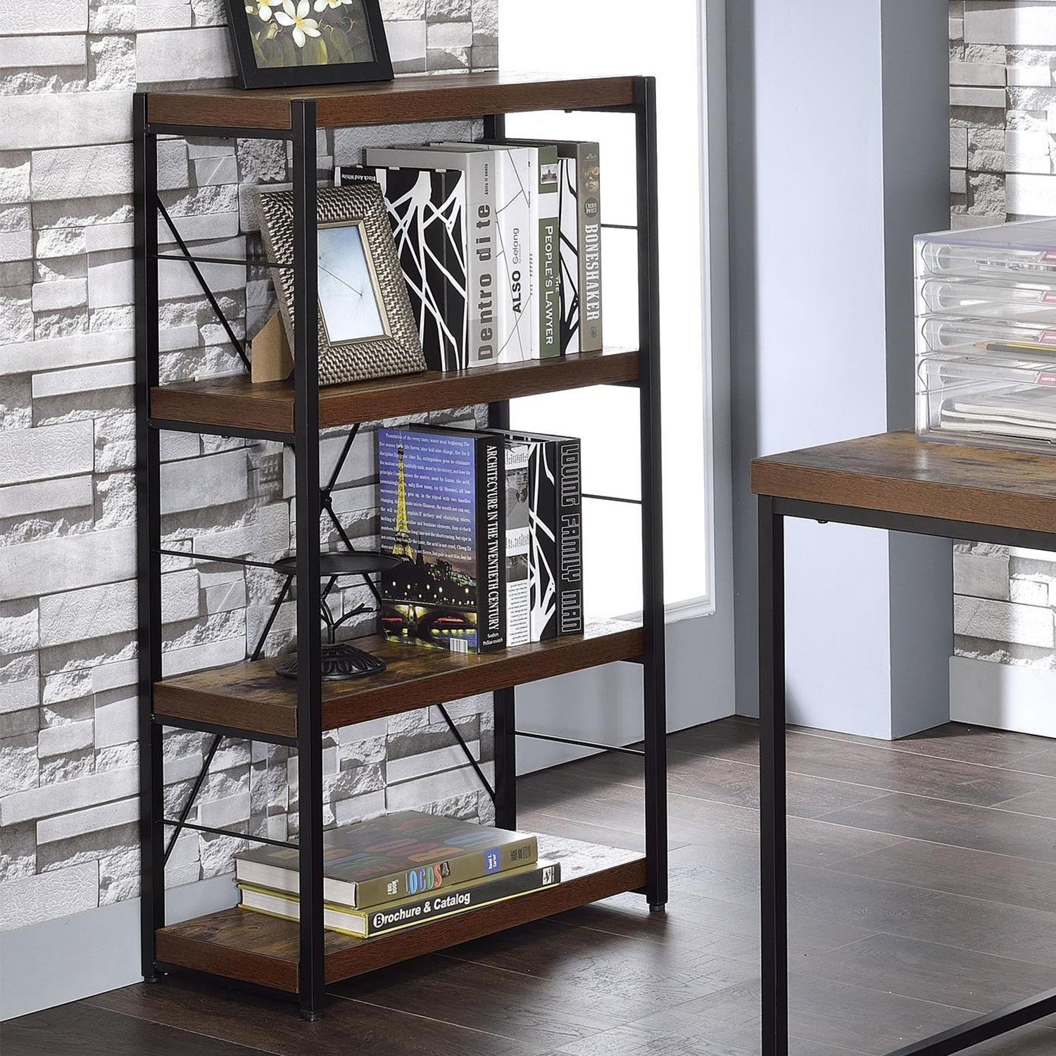 43" Brown And Black Metal Three Tier Etagere Bookcase