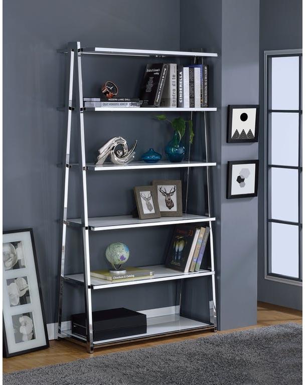 71" White And Silver Metal Five Tier Ladder Bookcase