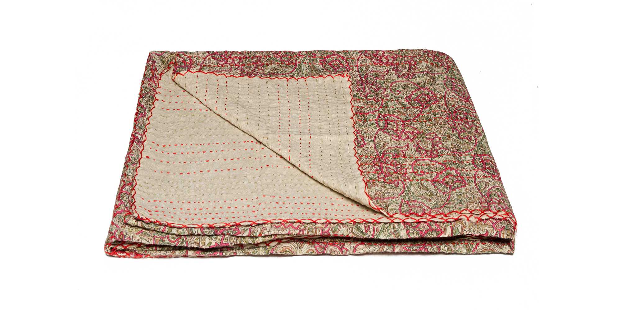 Beige Kantha Throw Blanket