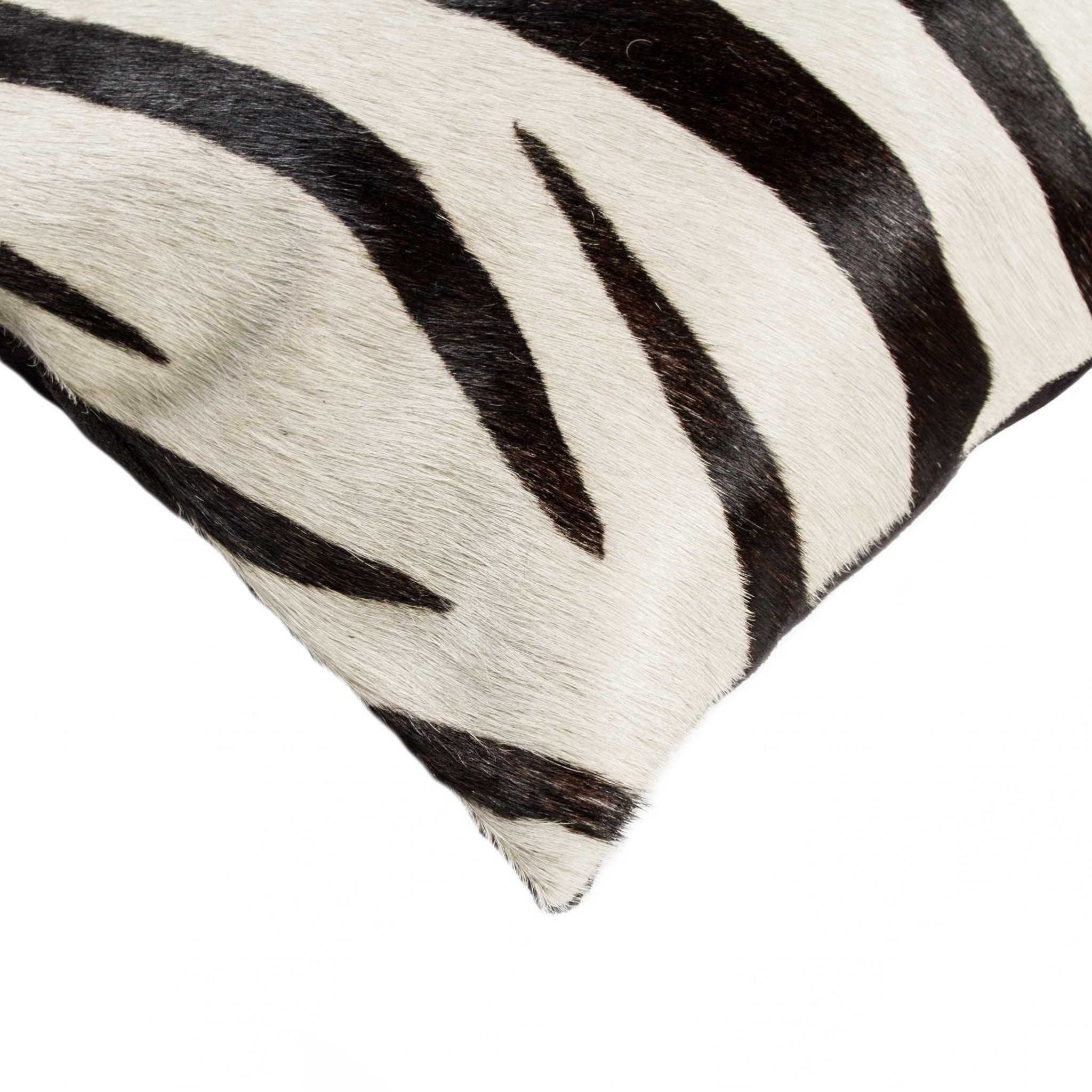 18" X 18" X 5" Zebra Black On Off White Cowhide  Pillow