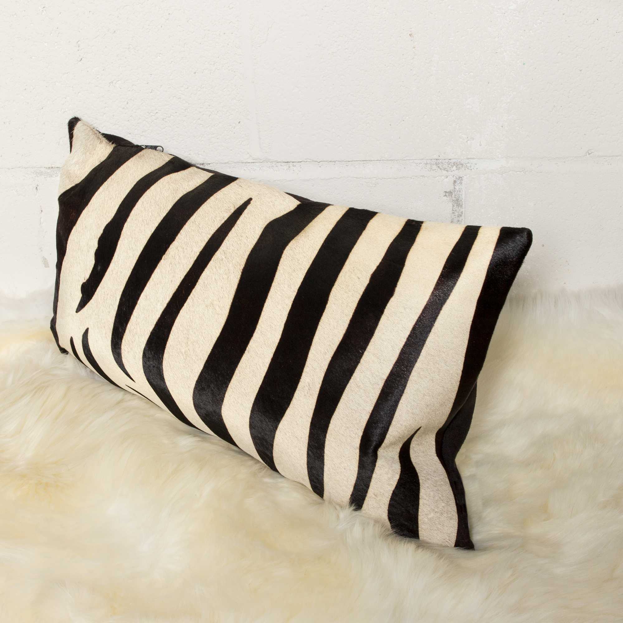 12" X 20" X 5" Zebra Black On Off White Cowhide  Pillow