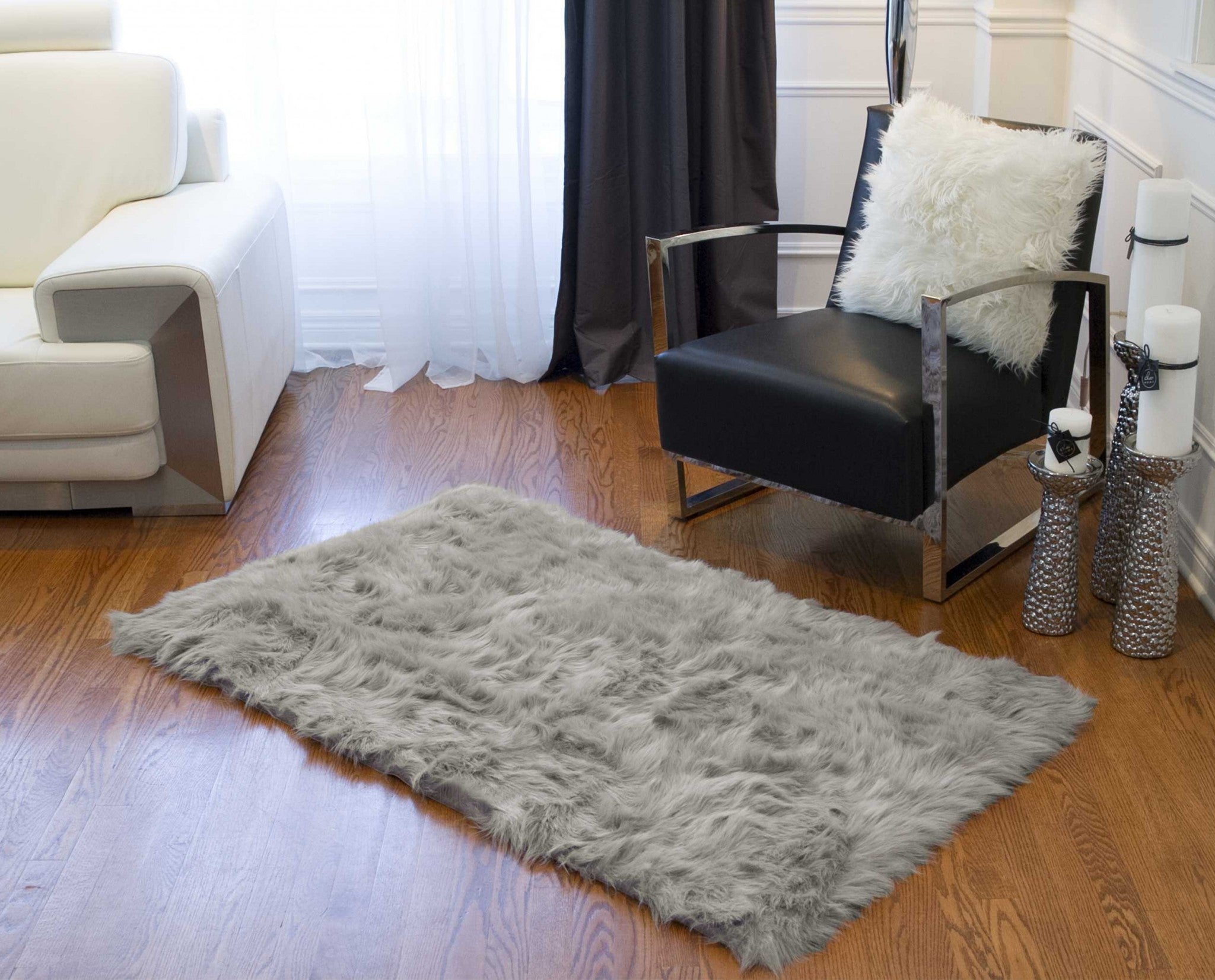 3" X 5" Gray Rectangular Faux Fur - Area Rug