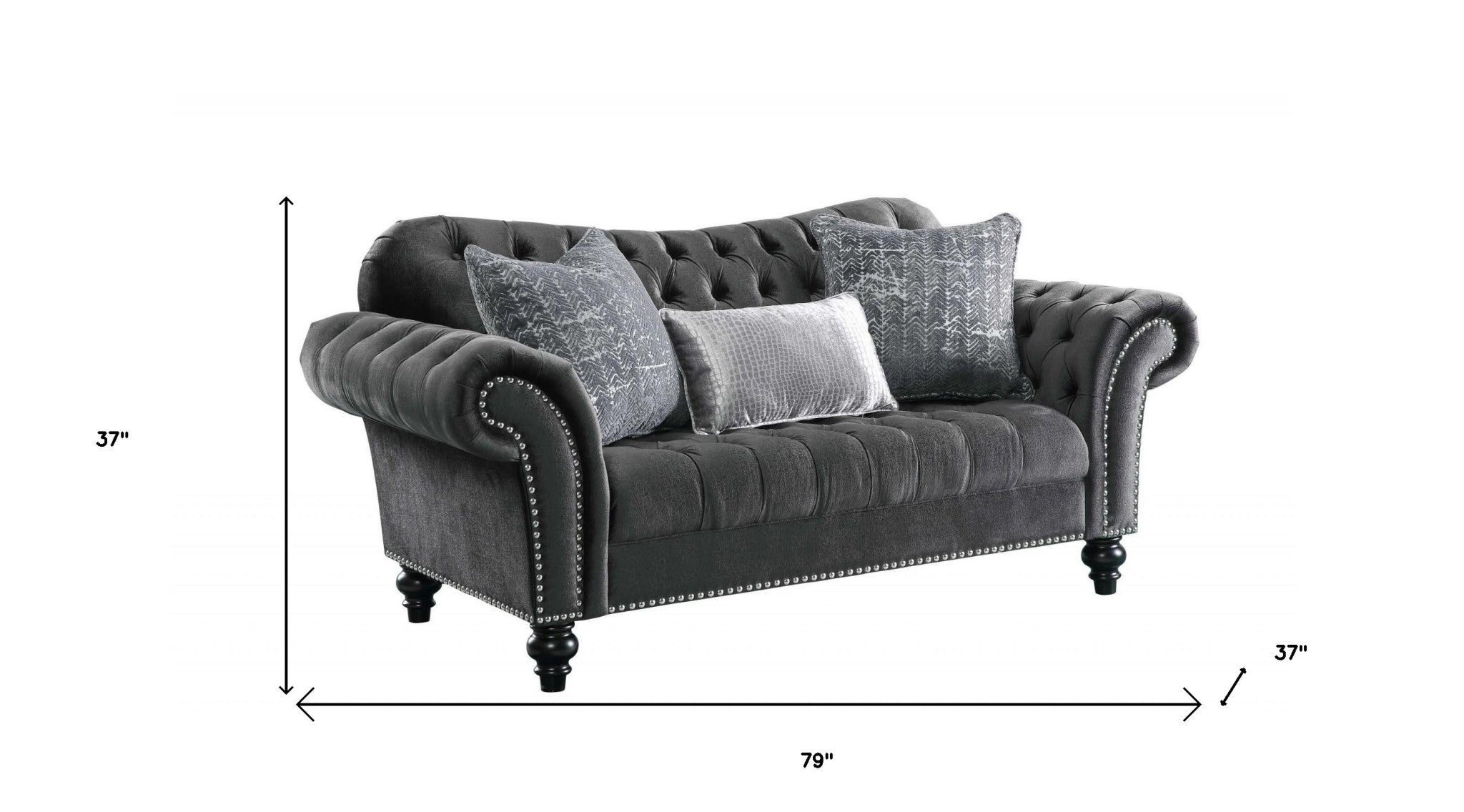 79" X 37" X 37" Dark Gray Velvet Loveseat W3 Pillows