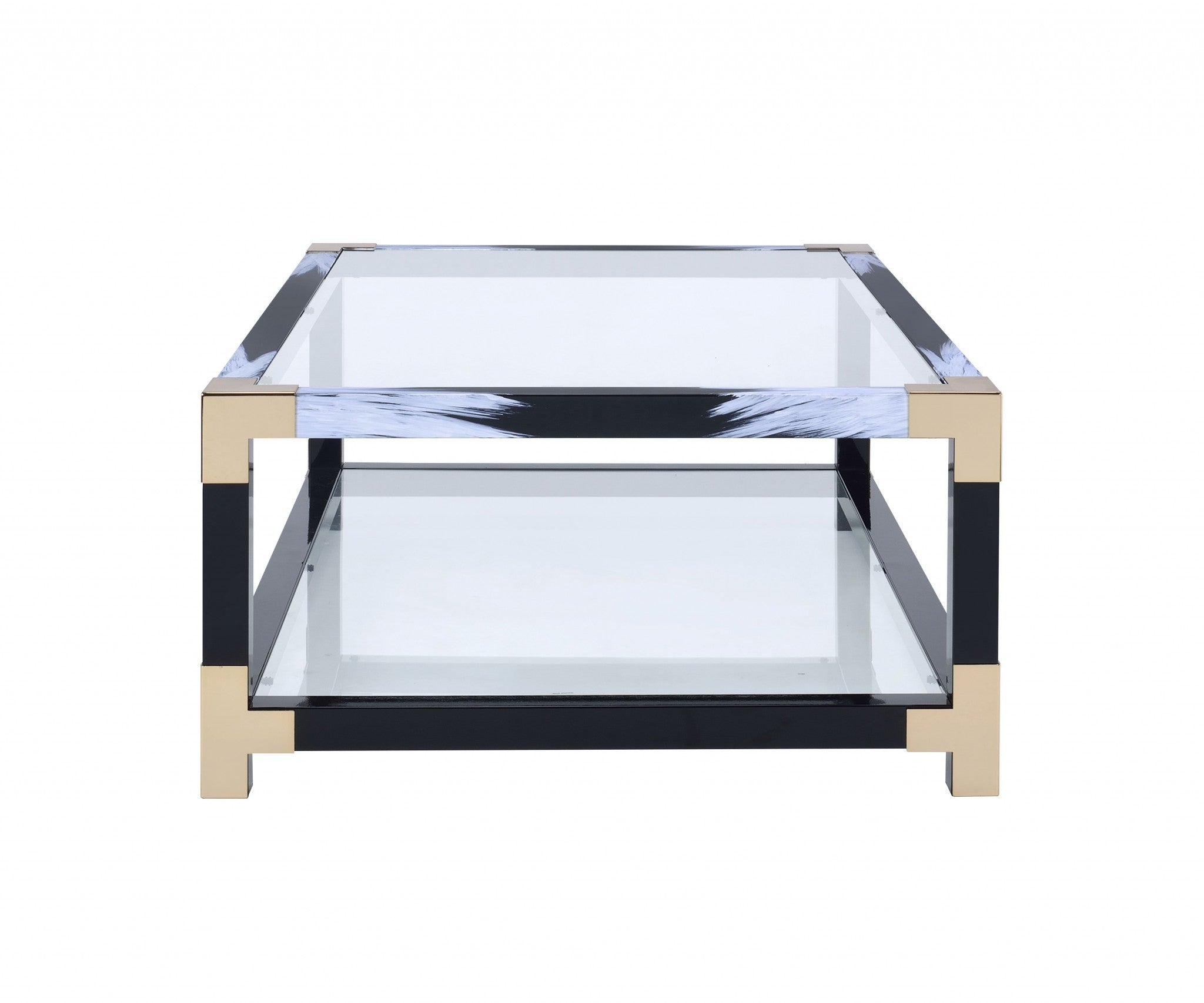 54" X 18" X 34" White Brushed Black Gold And Clear Glass Coffee Table