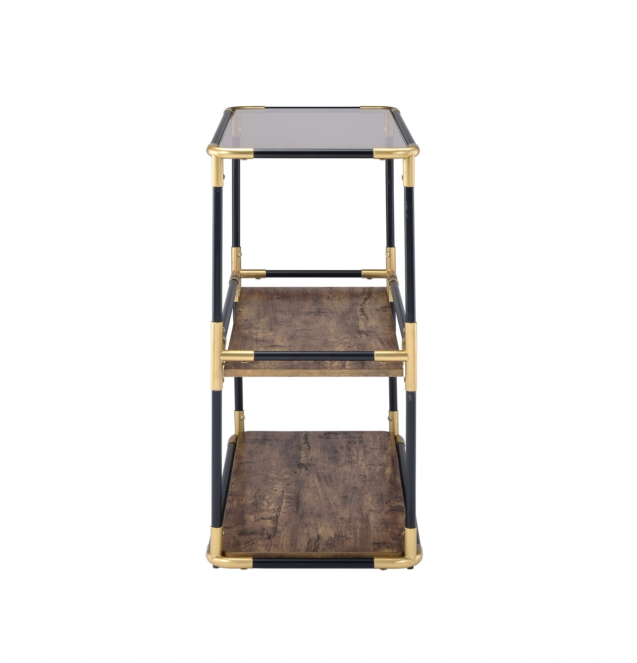 33" Black And Gold And Clear Glass Mirrored End Table With Two Shelves