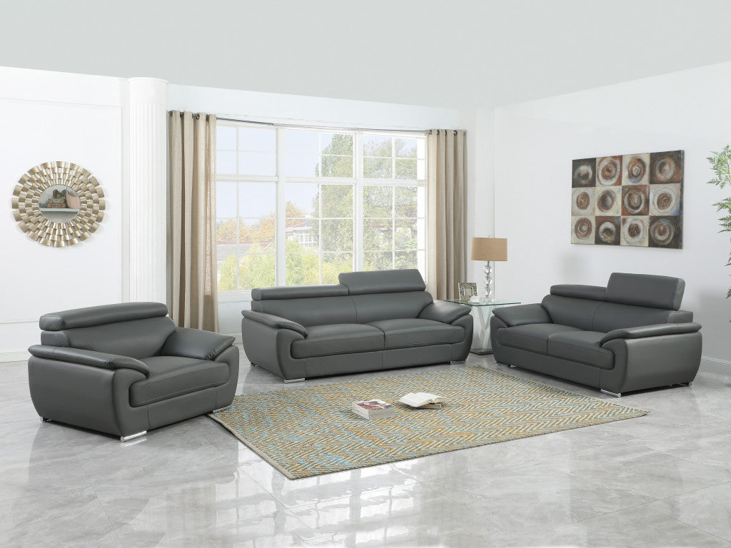 114" Captivating Grey Leather Sofa Set