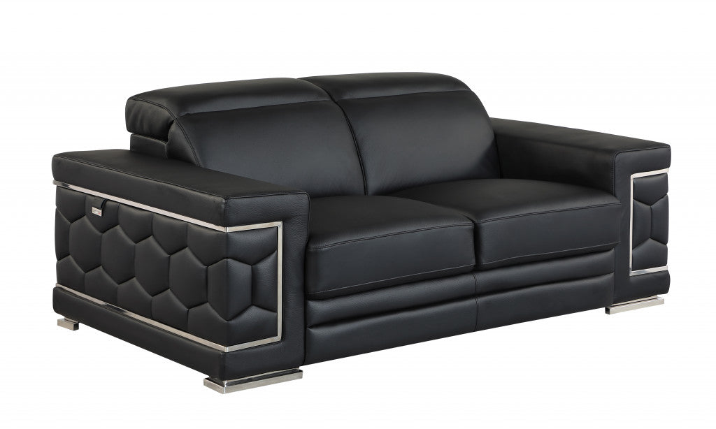 71" Sturdy Black Leather Loveseat