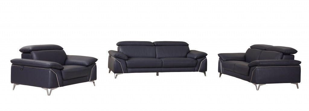 93" Navy Leather Sofa Set