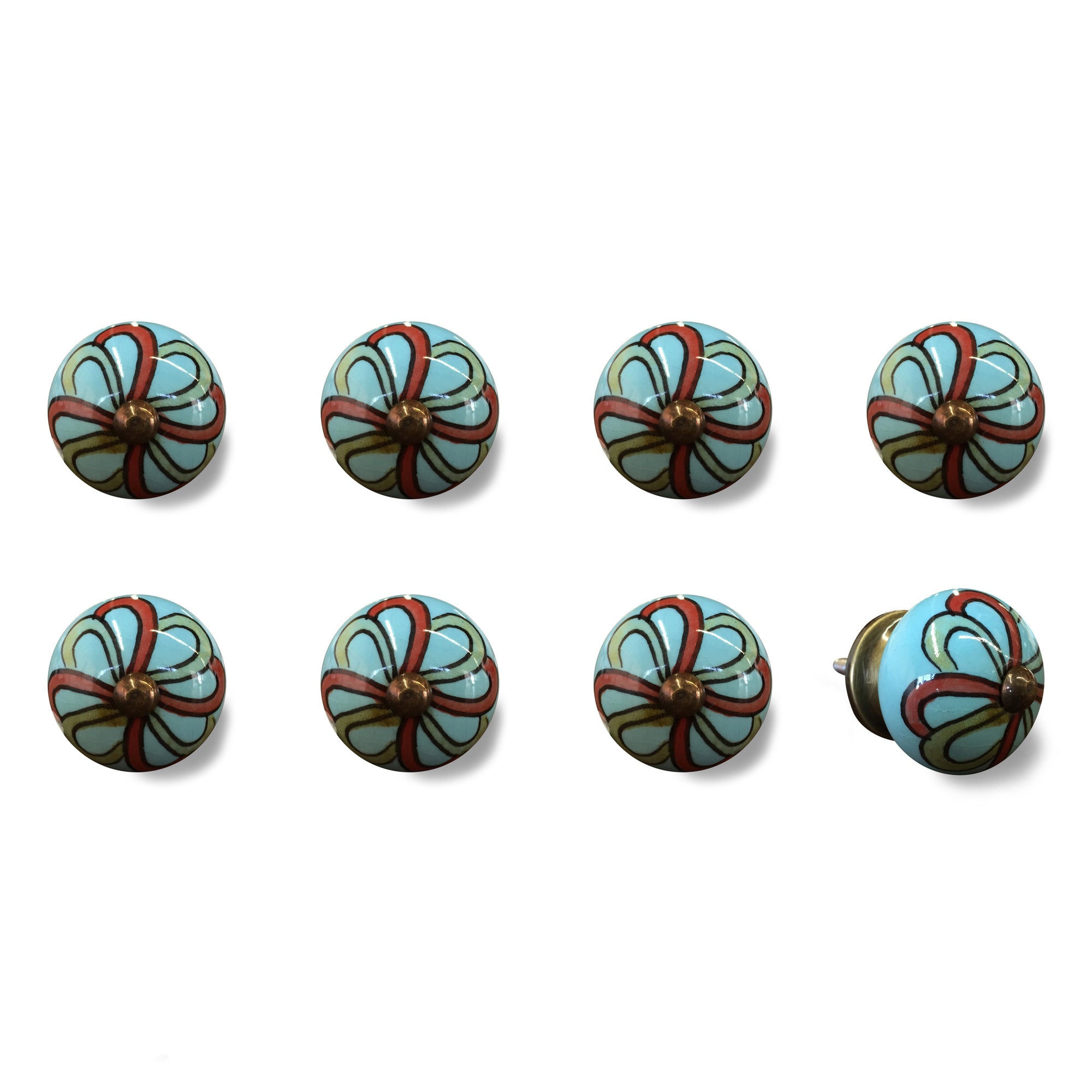 Bohemian Floral Turquoise Handprinted Set Of 8 Ceramic Knobs