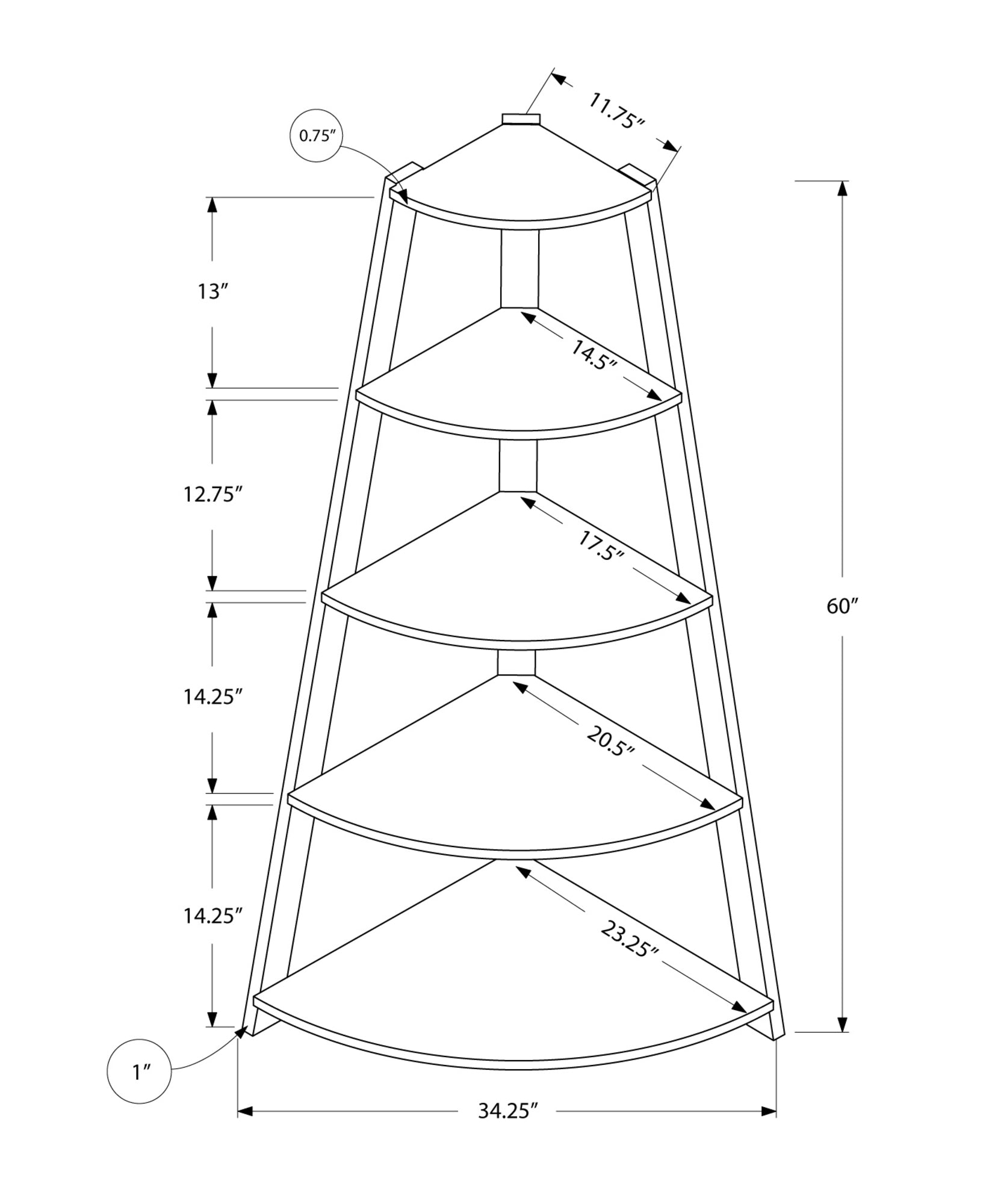 60" Taupe Four Tier Corner Bookcase