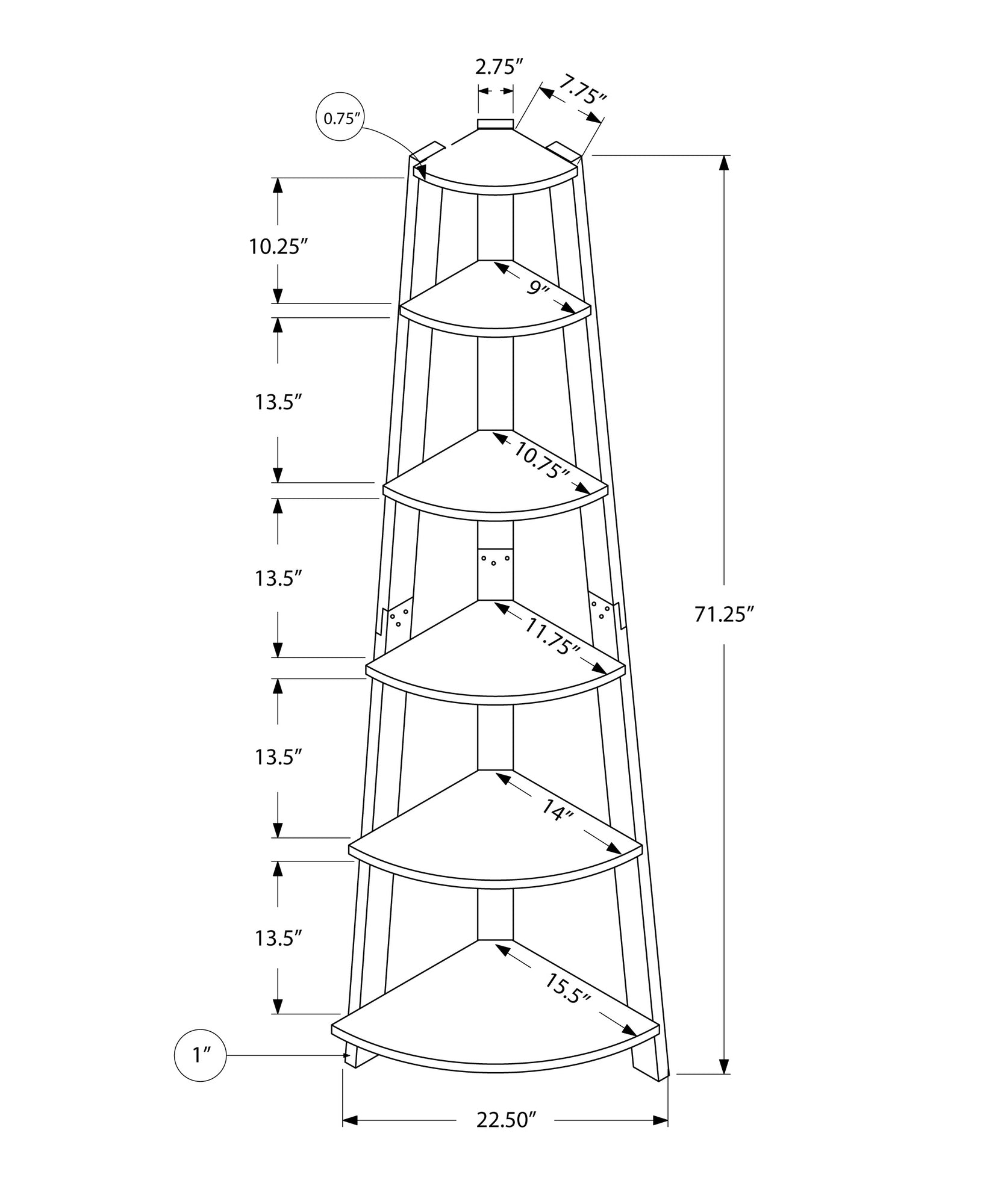 71" Black Five Tier Corner Bookcase