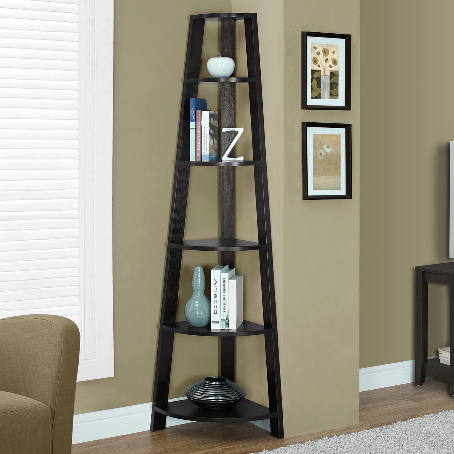 71" Black Five Tier Corner Bookcase