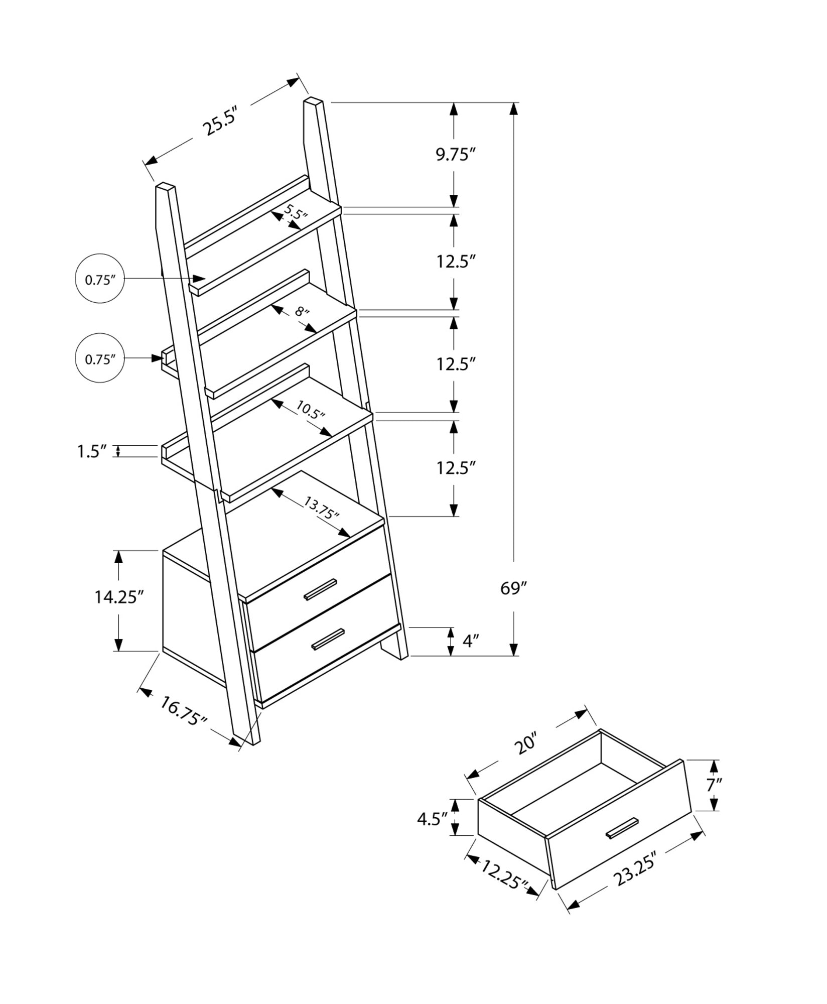 69" White Three Tier Ladder Bookcase With Two Drawers