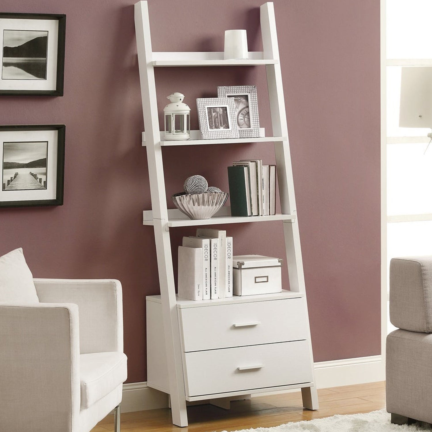 69" White Three Tier Ladder Bookcase With Two Drawers