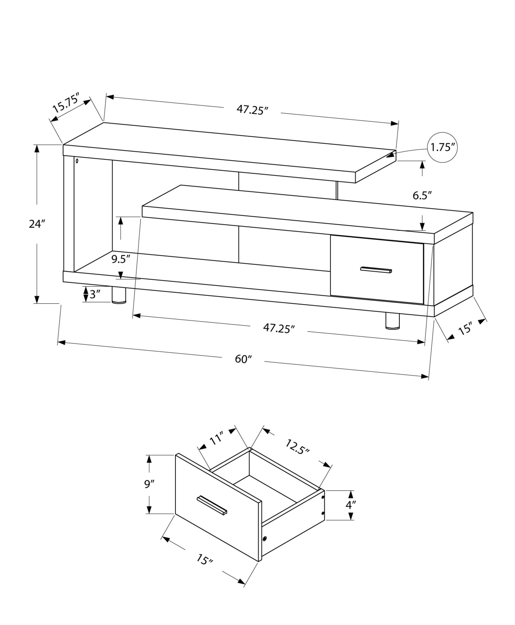 15.75" X 60" X 24" Cappuccino Silver Particle Board Hollow Core Metal TV Stand With A Drawer