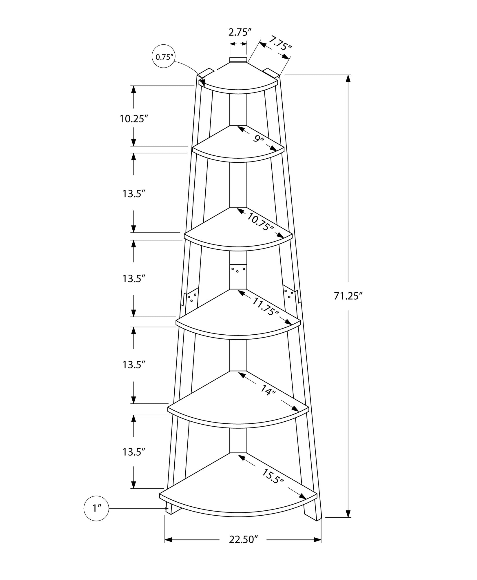 71" Gray And White Five Tier Corner Bookcase