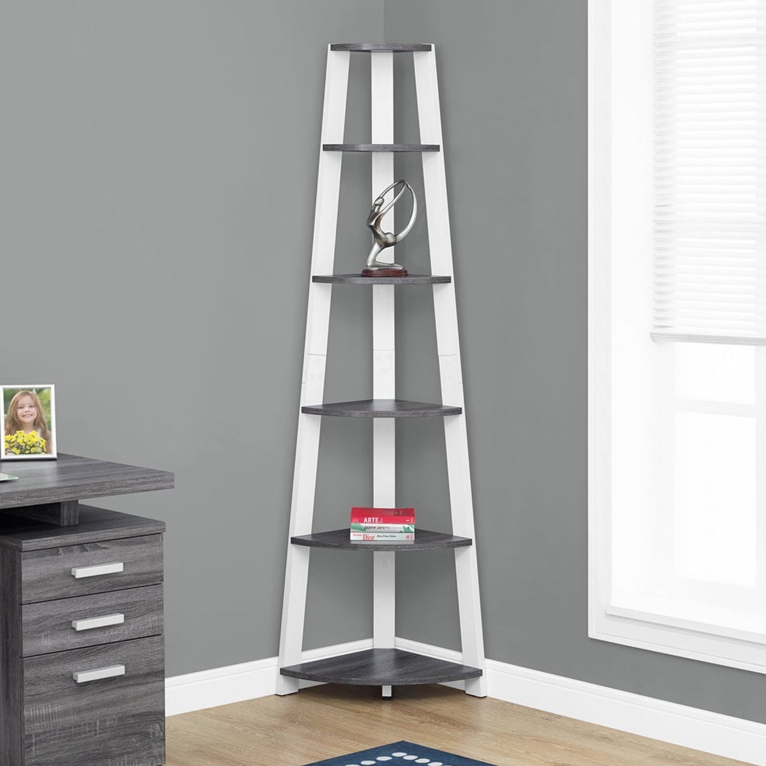 71" Gray And White Five Tier Corner Bookcase