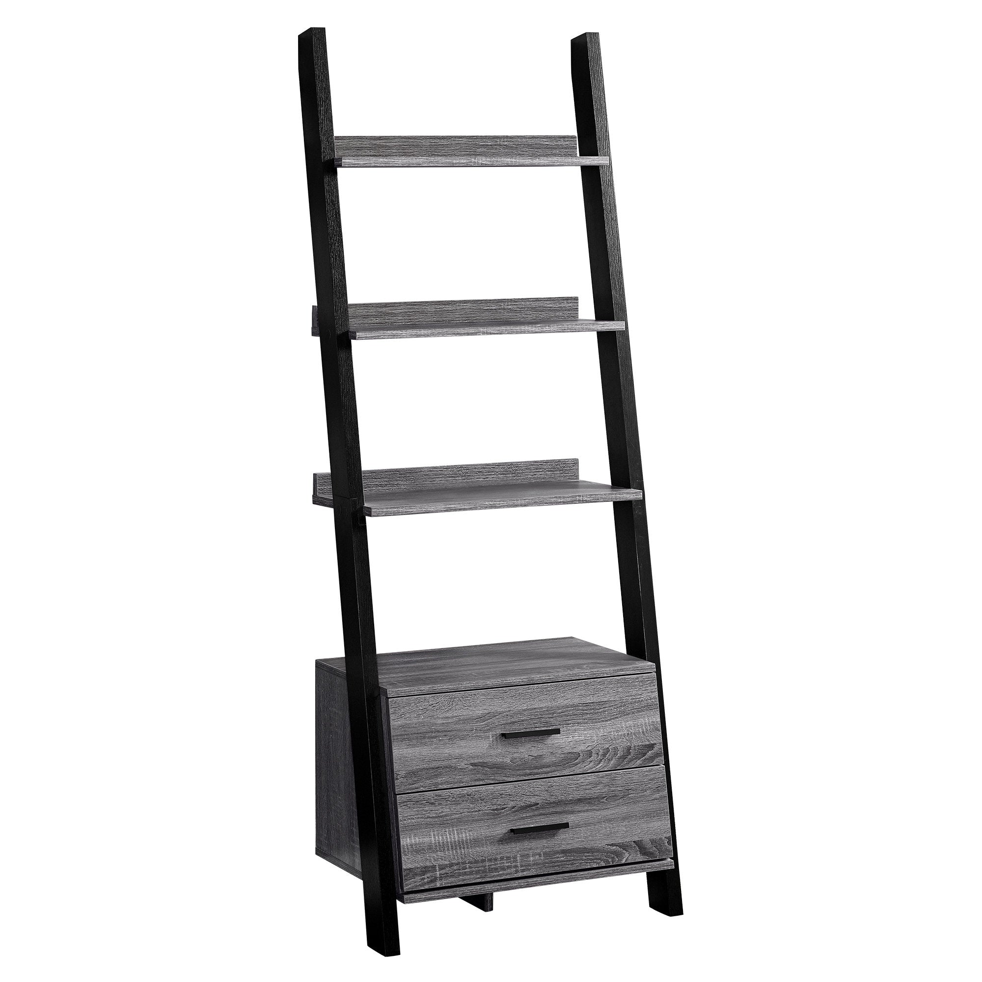 69" Gray And Black Four Tier Ladder Bookcase With Two Drawers