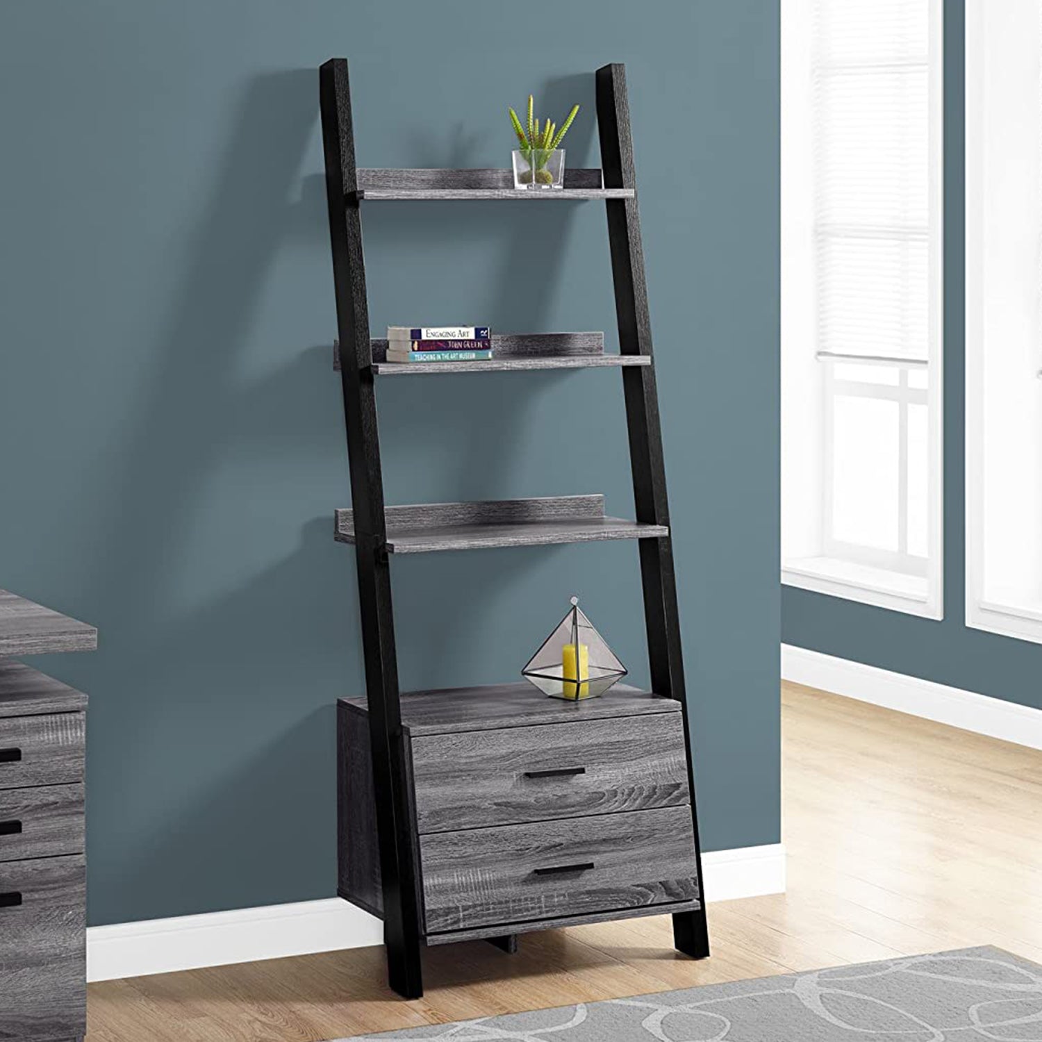 69" Gray And Black Four Tier Ladder Bookcase With Two Drawers