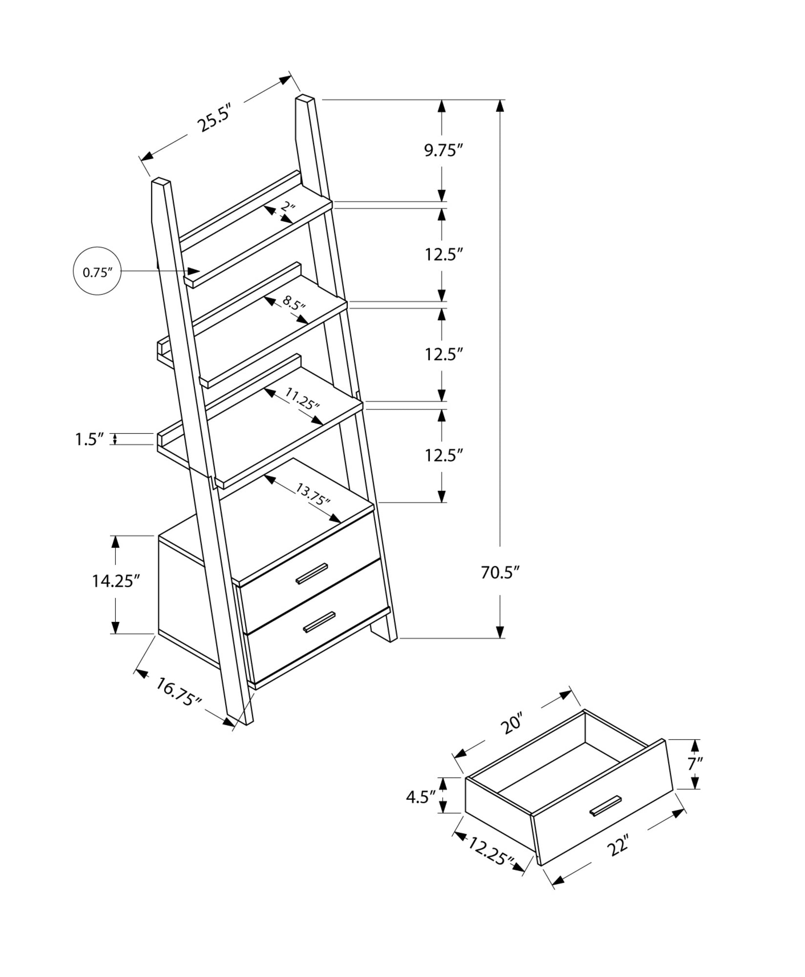 69" Gray And White Four Tier Ladder Bookcase With Two Drawers