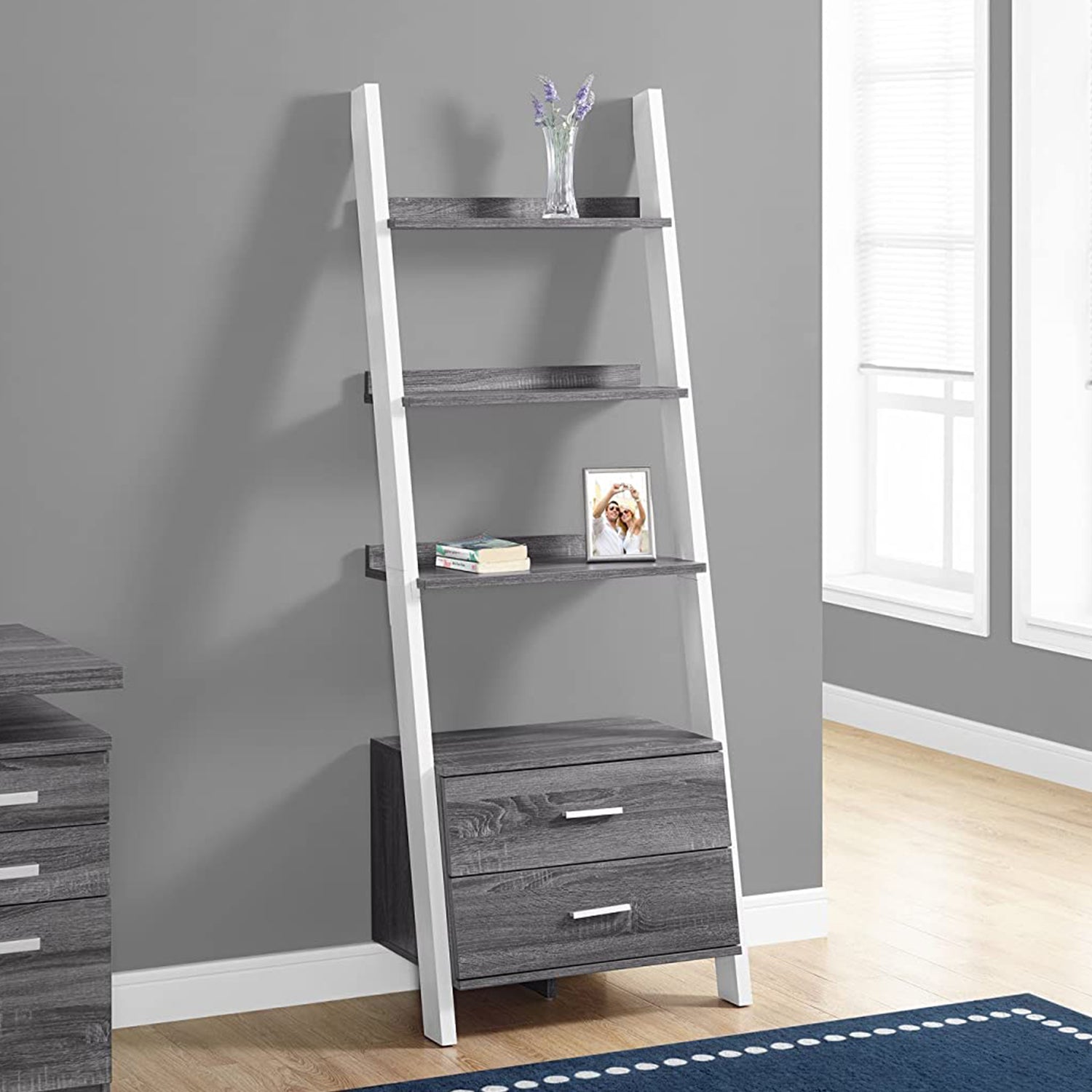 69" Gray And White Four Tier Ladder Bookcase With Two Drawers