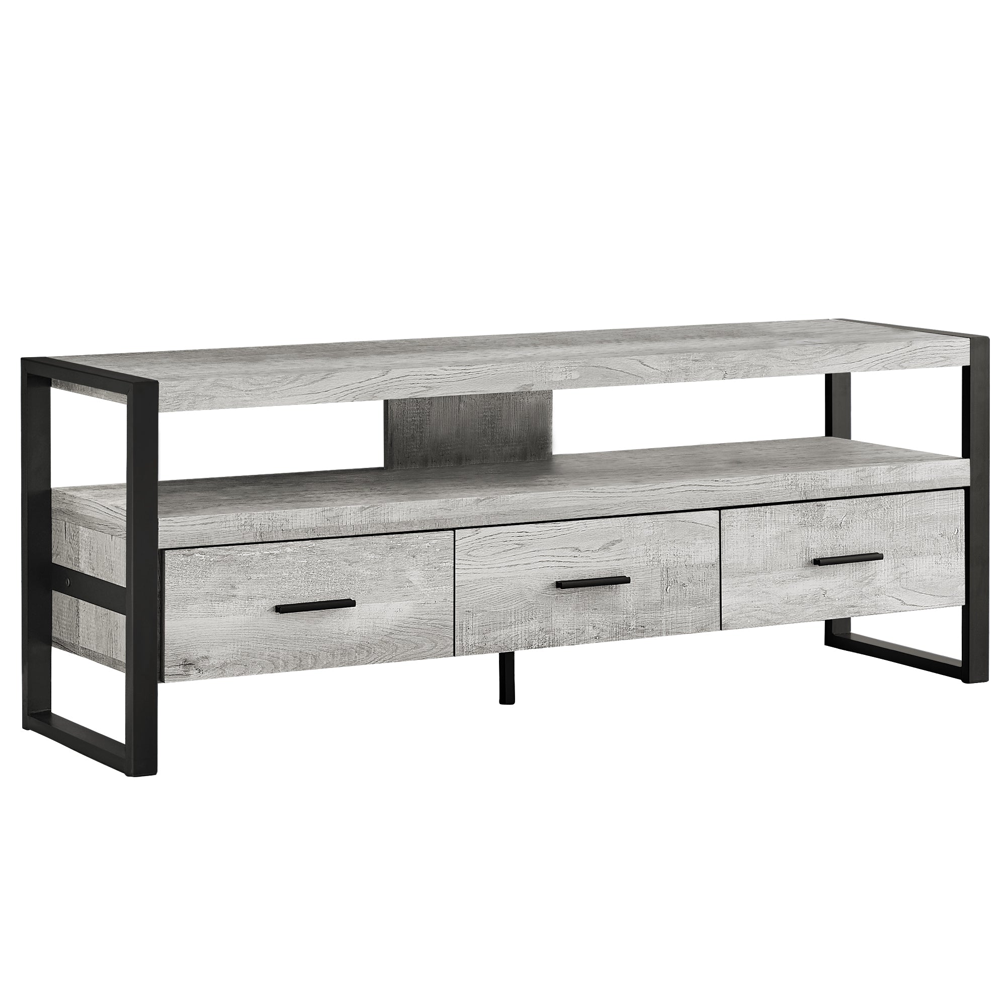 21.75" Grey Particle Board Hollow Core & Black Metal TV Stand With 3 Drawers