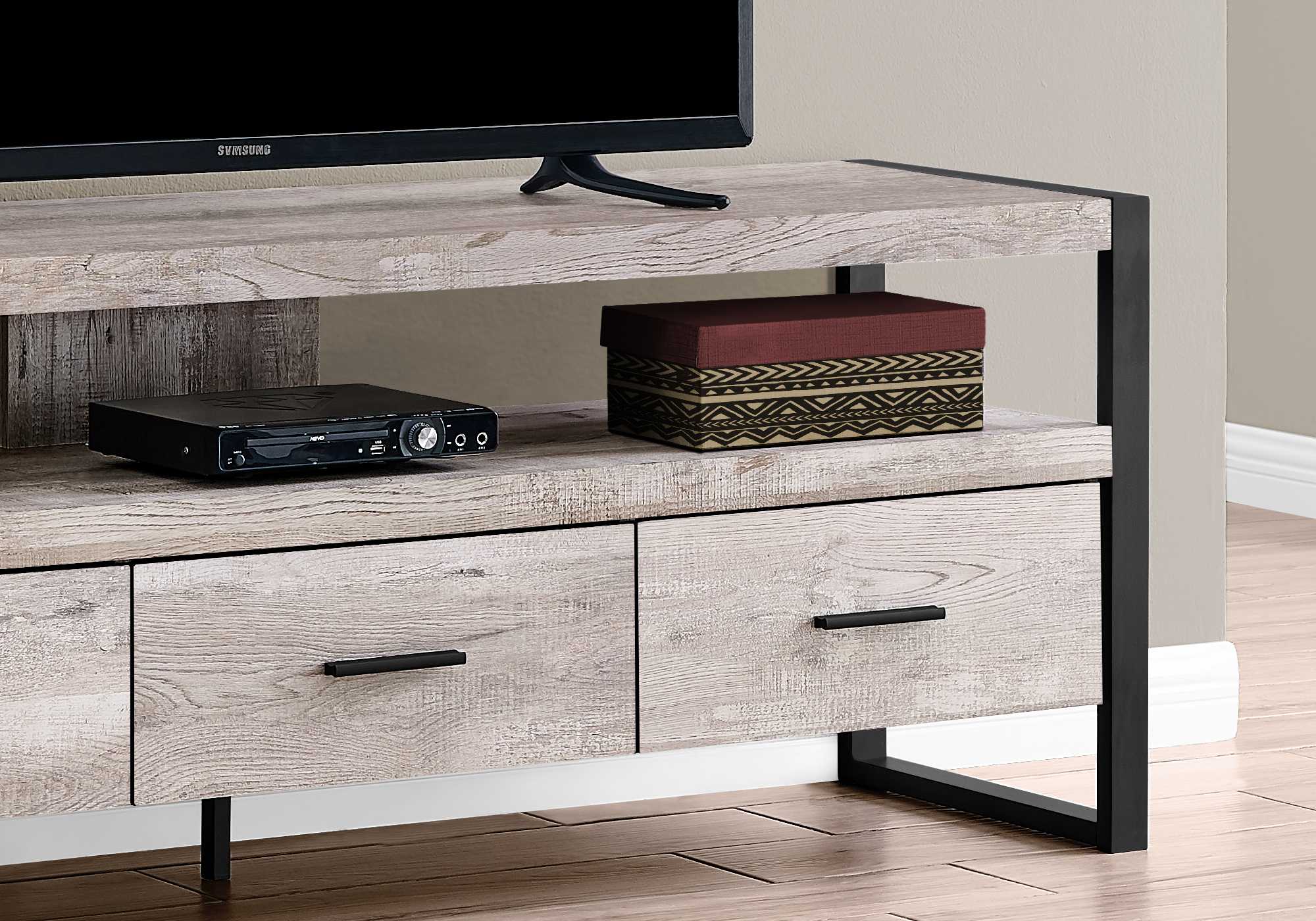 15.5" X 59" X 21.75" Taupe Black Particle Board Hollow Core Metal TV Stand With 3 Drawers