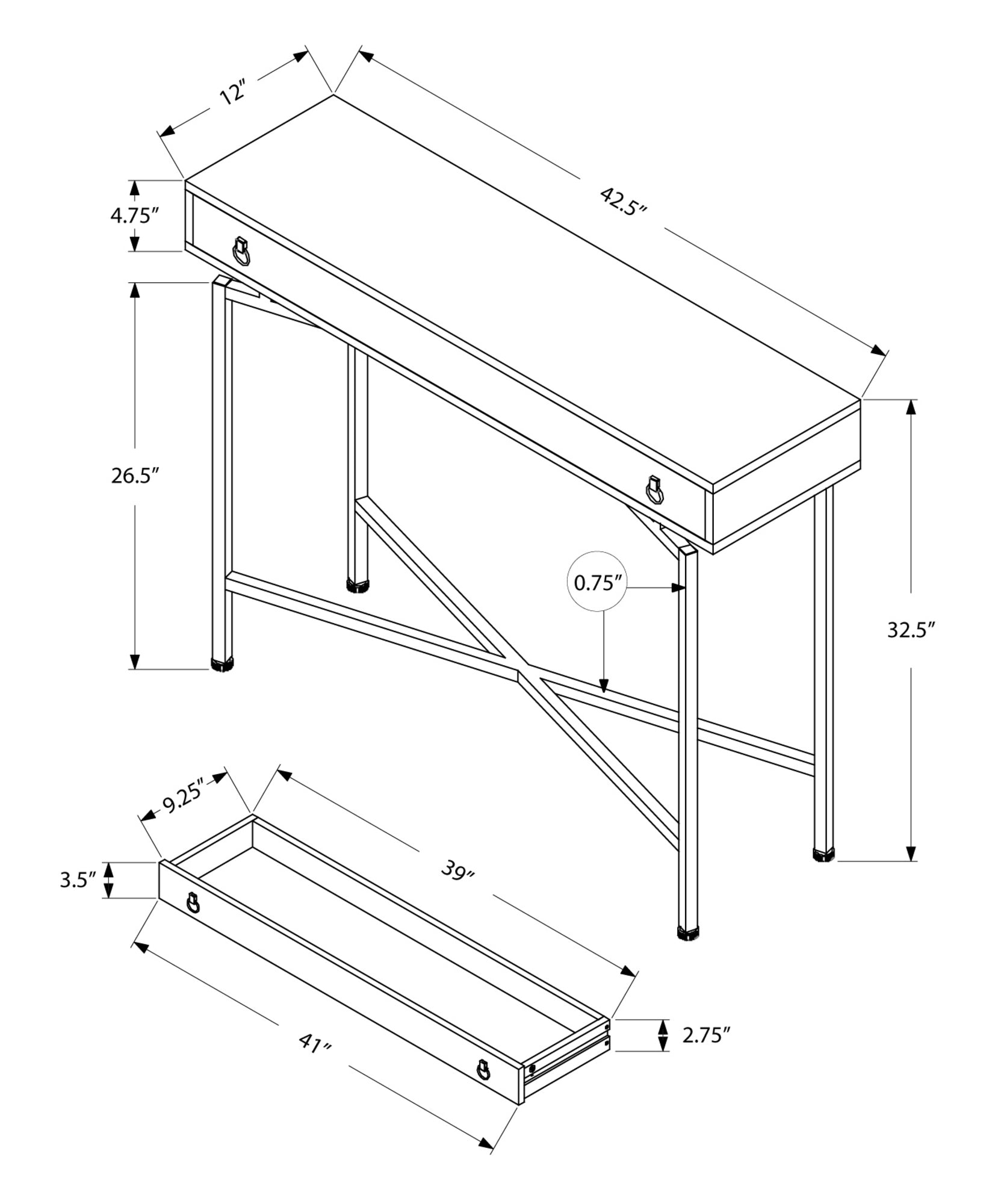 43" Gray And Black Cross Leg Console Table