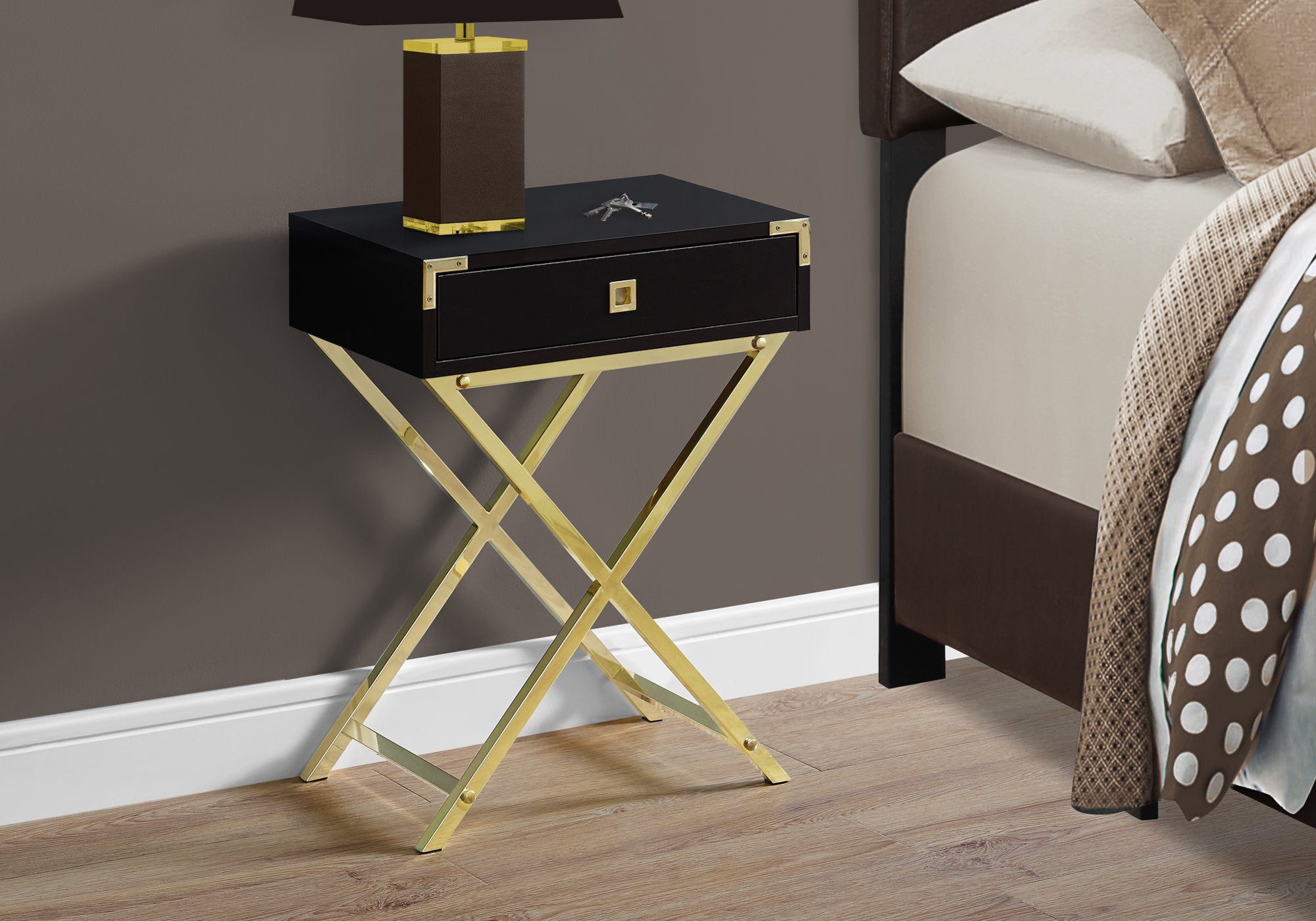 24" Gold And Dark Brown End Table With Drawer