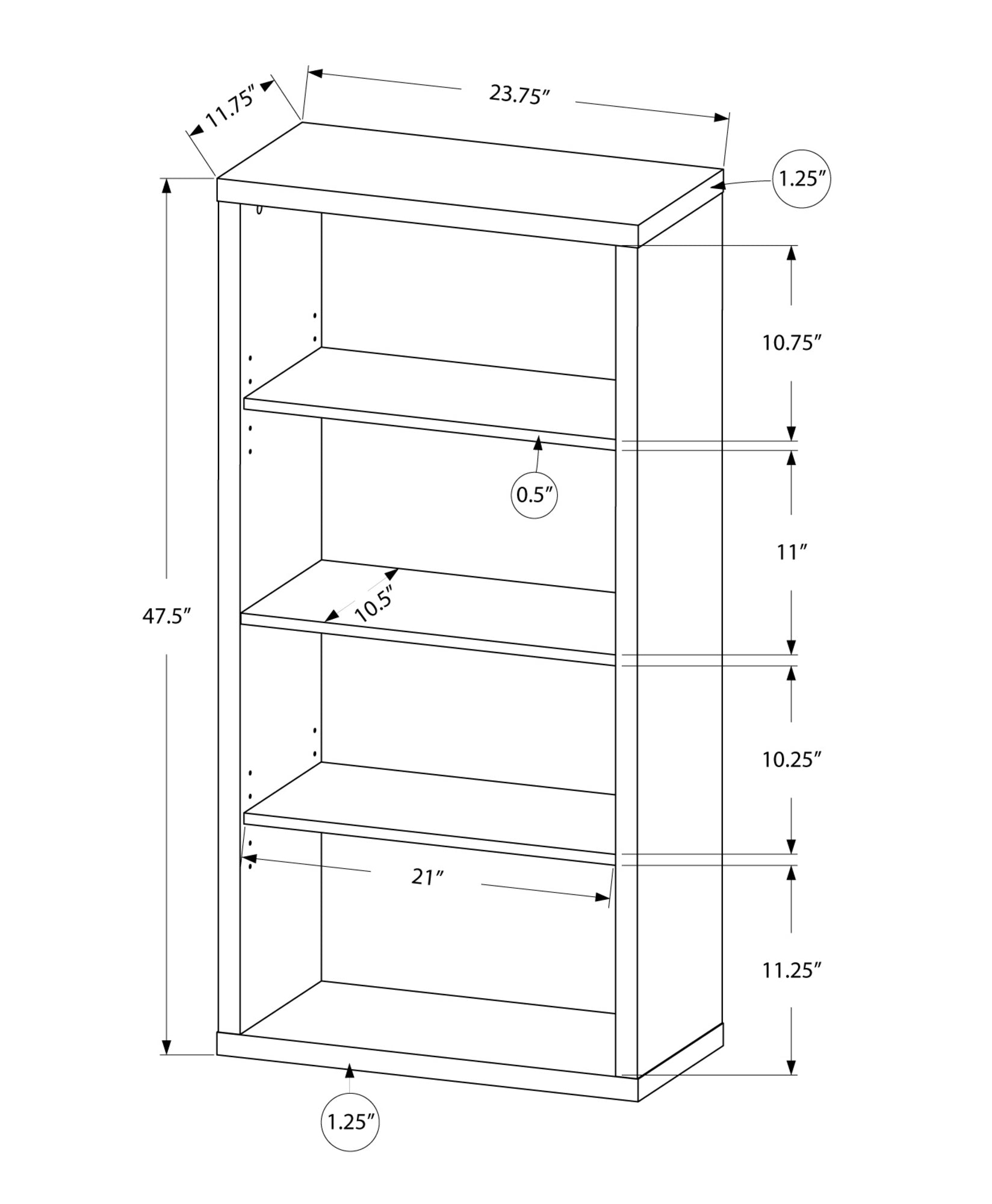 48" Brown Four Tier Standard Bookcase