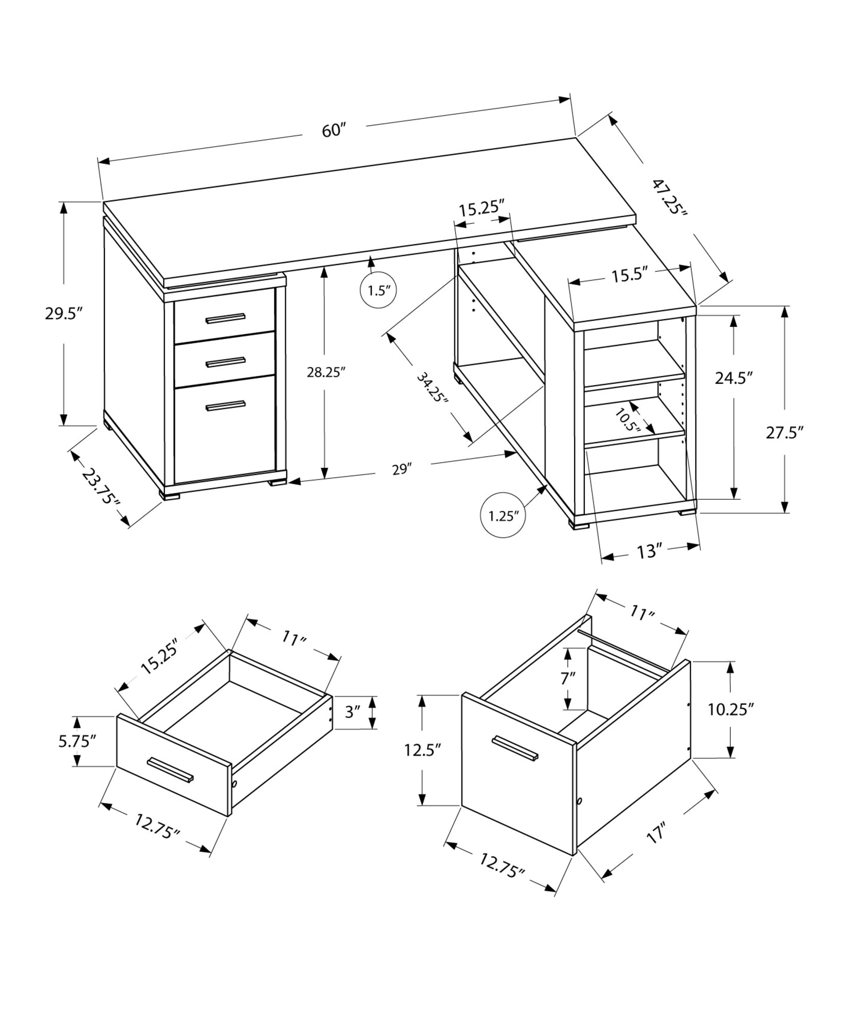 47" White L-Shape Computer Desk With Three Drawers