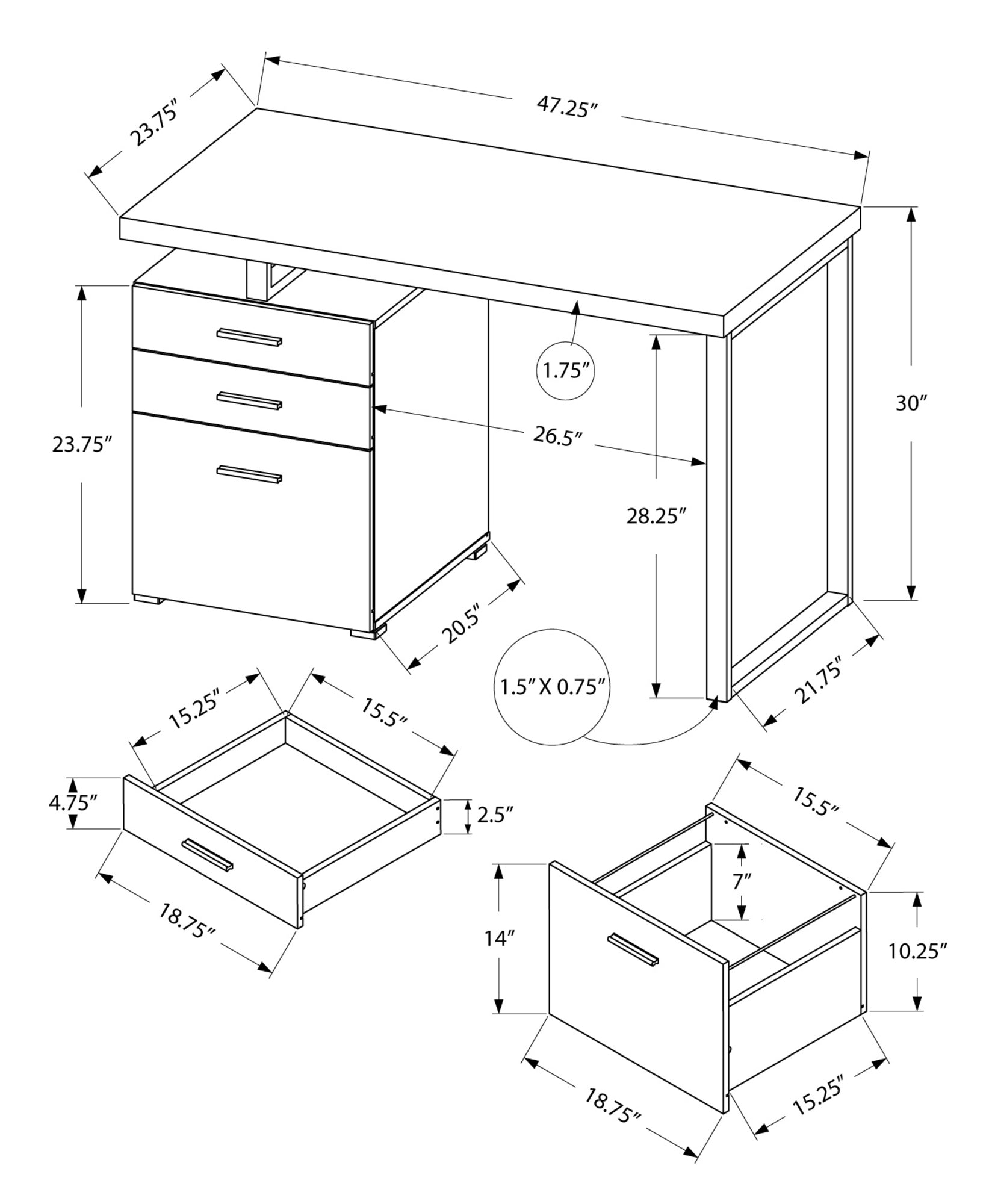 24" Silver Rectangular Computer Desk With Three Drawers